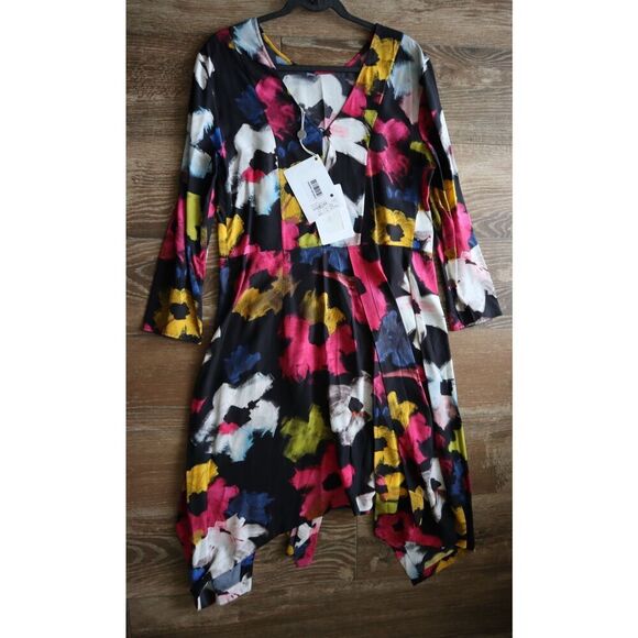 Colville CVS20516A Women Sz IT 42 US 6 Black Floral Asymmetric Midi Dress - Picture 2 of 16